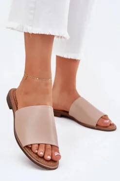 Damskie Skórzane Gładkie Klapki Beżowe Cerise