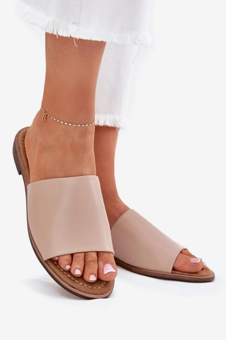 Damskie Skórzane Gładkie Klapki Beżowe Cerise