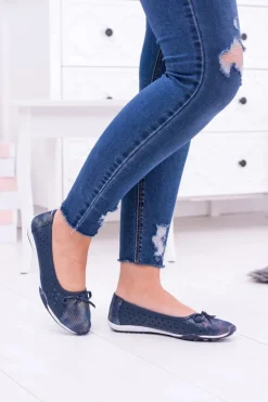Damskie Skórzane Granatowe Ażurowe Balerinki Erdola