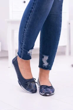 Damskie Skórzane Granatowe Ażurowe Balerinki Erdola