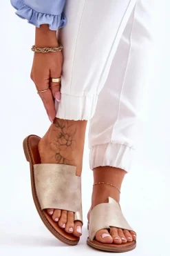 Damskie Skórzane Klapki Japonki Jasnozłote Amite