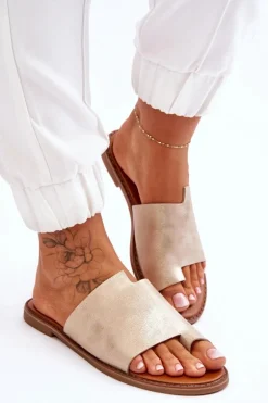 Damskie Skórzane Klapki Japonki Jasnozłote Amite