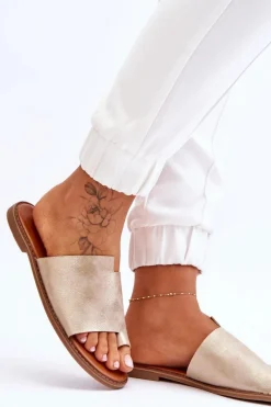 Damskie Skórzane Klapki Japonki Jasnozłote Amite