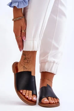 Damskie Skórzane Klapki Japonki Czarne Amite