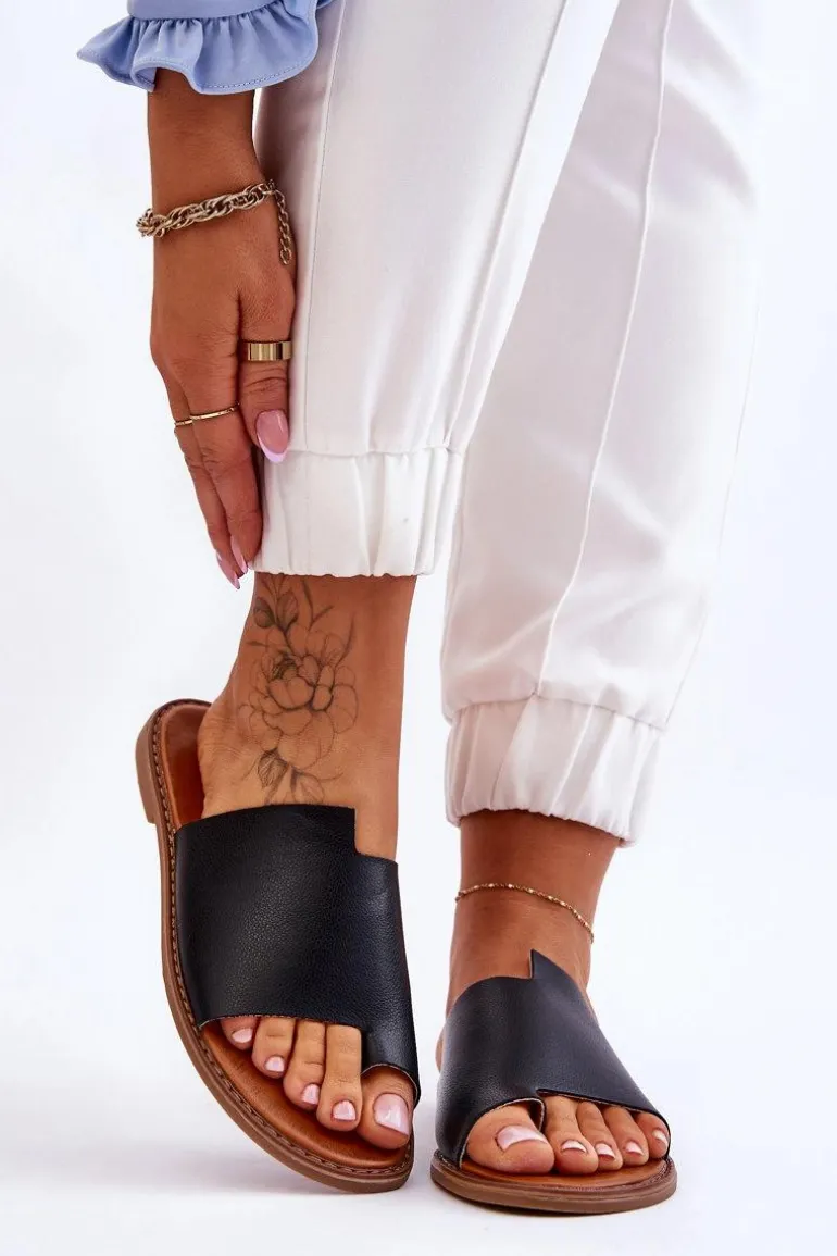 Damskie Skórzane Klapki Japonki Czarne Amite