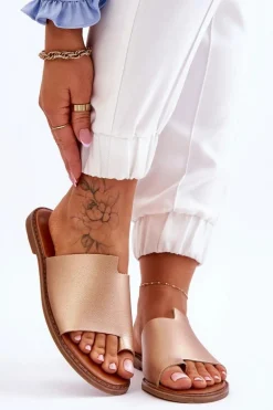 Damskie Skórzane Klapki Japonki Złote Amite