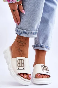 Damskie Skórzane Klapki Na Platformie Z Ozdobą Beżowe Monroe