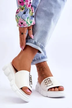 Damskie Skórzane Klapki Na Platformie Z Ozdobą Beżowe Monroe