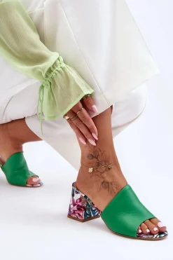 Damskie Skórzane Klapki Na Obcasie Lewski Shoes 3209/K Zielone