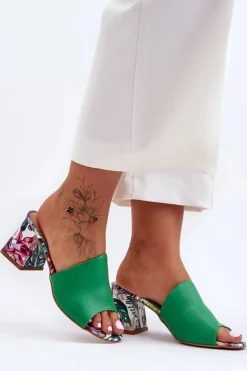 Damskie Skórzane Klapki Na Obcasie Lewski Shoes 3209/K Zielone