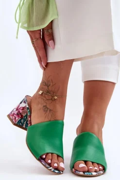 Damskie Skórzane Klapki Na Obcasie Lewski Shoes 3209/K Zielone