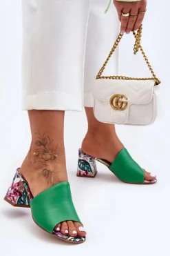 Damskie Skórzane Klapki Na Obcasie Lewski Shoes 3209/K Zielone