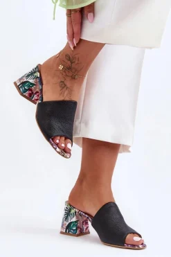 Damskie Skórzane Klapki Na Obcasie Lewski Shoes 3209/K Czarne