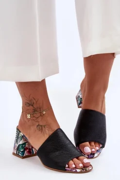 Damskie Skórzane Klapki Na Obcasie Lewski Shoes 3209/K Czarne