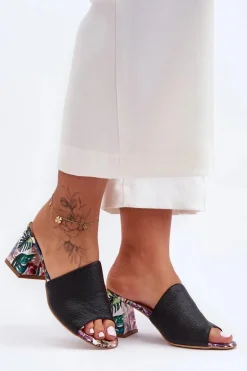 Damskie Skórzane Klapki Na Obcasie Lewski Shoes 3209/K Czarne