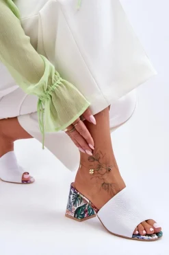Damskie Skórzane Klapki Na Obcasie Lewski Shoes 3209/K Białe
