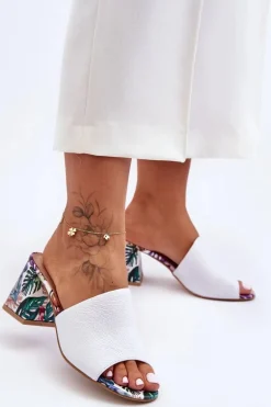 Damskie Skórzane Klapki Na Obcasie Lewski Shoes 3209/K Białe
