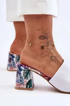 Damskie Skórzane Klapki Na Obcasie Lewski Shoes 3209/K Białe