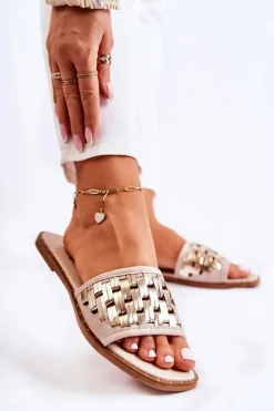 Damskie Skórzane Klapki Na Płaskim Obcasie Beżowe Hollis