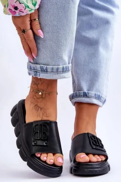 Damskie Skórzane Klapki Na Platformie Z Ozdobą Czarne Monroe