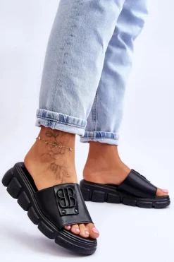 Damskie Skórzane Klapki Na Platformie Z Ozdobą Czarne Monroe