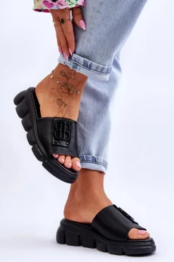 Damskie Skórzane Klapki Na Platformie Z Ozdobą Czarne Monroe