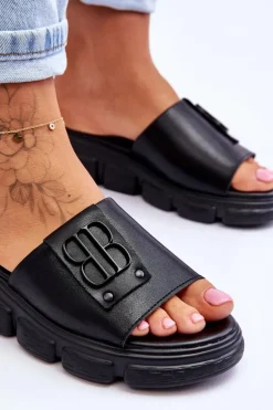 Damskie Skórzane Klapki Na Platformie Z Ozdobą Czarne Monroe