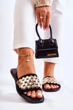 Damskie Skórzane Klapki Na Płaskim Obcasie Czarne Hollis