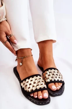 Damskie Skórzane Klapki Na Płaskim Obcasie Czarne Hollis