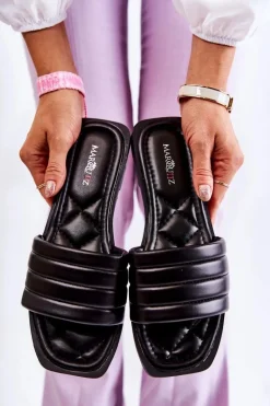 Damskie Skórzane Klapki Z Pikowaniem Czarne Raula