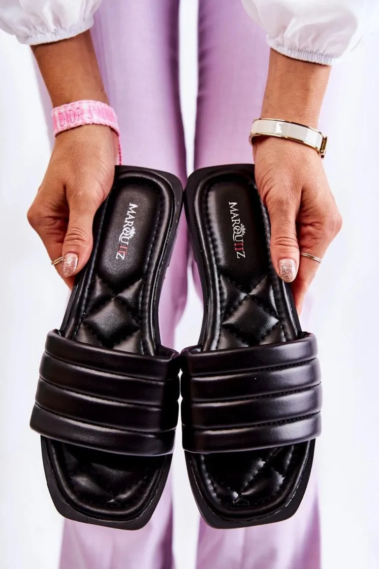 Damskie Skórzane Klapki Z Pikowaniem Czarne Raula