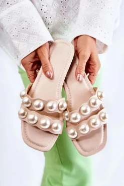 Damskie Skórzane Klapki Z Ozdobnymi Perełkami Beżowe Lasello