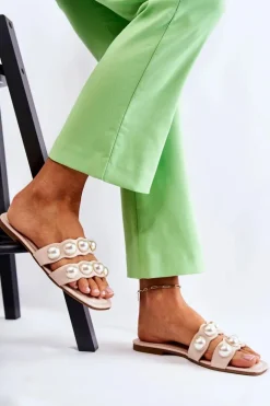 Damskie Skórzane Klapki Z Ozdobnymi Perełkami Beżowe Lasello