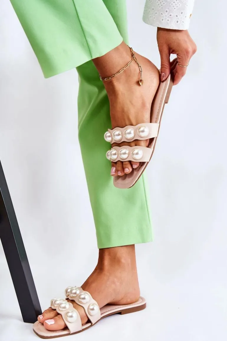 Damskie Skórzane Klapki Z Ozdobnymi Perełkami Beżowe Lasello