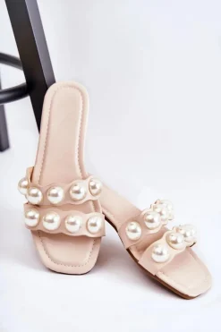 Damskie Skórzane Klapki Z Ozdobnymi Perełkami Beżowe Lasello