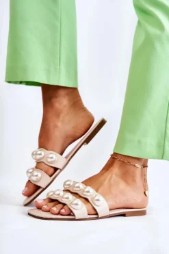 Damskie Skórzane Klapki Z Ozdobnymi Perełkami Beżowe Lasello