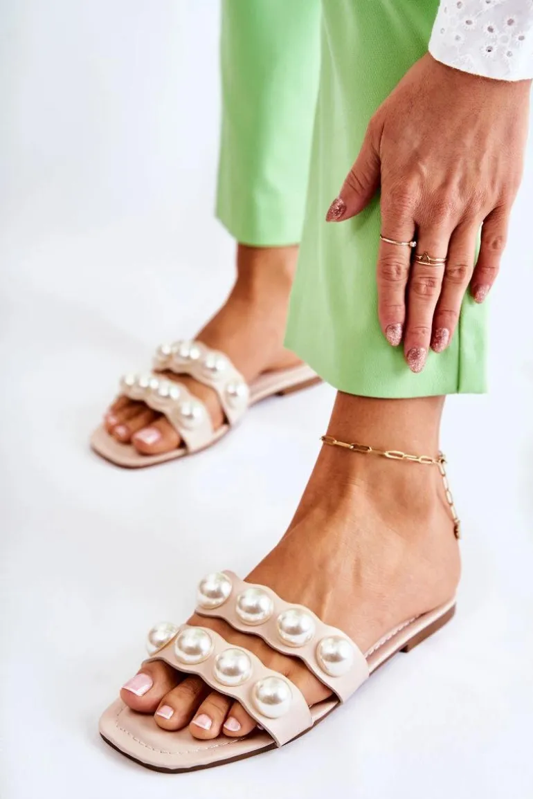 Damskie Skórzane Klapki Z Ozdobnymi Perełkami Beżowe Lasello