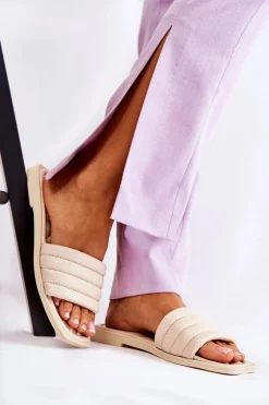 Damskie Skórzane Klapki Z Pikowaniem Beżowe Raula