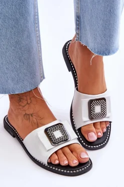 Damskie Skórzane Klapki Z Dżetami S.Barski KV-2775-33 Srebrne