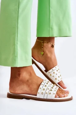 Damskie Skórzane Klapki Z Ozdobą Białe Brien