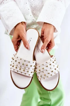 Damskie Skórzane Klapki Z Ozdobą Białe Brien