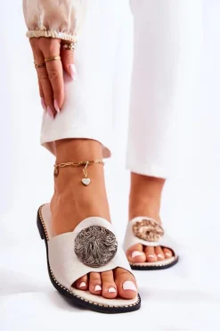 Damskie Skórzane Klapki Z Ozdobą Złote Colene