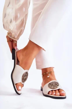 Damskie Skórzane Klapki Z Ozdobą Złote Colene