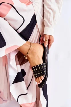 Damskie Skórzane Klapki Z Ozdobą Czarne Brien