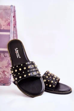 Damskie Skórzane Klapki Z Ozdobą Czarne Brien