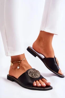 Damskie Skórzane Klapki Z Ozdobą Czarne Colene