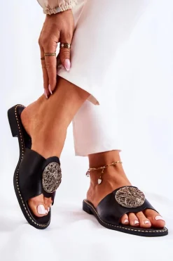 Damskie Skórzane Klapki Z Ozdobą Czarne Colene