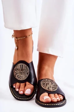 Damskie Skórzane Klapki Z Ozdobą Czarne Colene