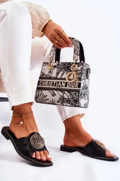 Damskie Skórzane Klapki Z Ozdobą Czarne Colene