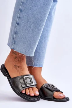 Damskie Skórzane Klapki Z Dżetami S.Barski KV-2775-33 Ciemnosrebrne